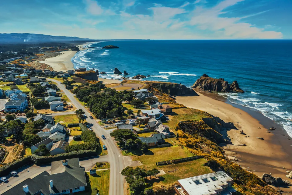 Aerial view of coastal Oregon town.
